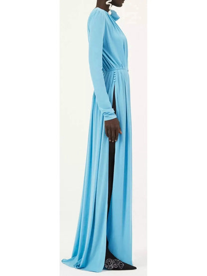 Long Sleeve Jersey Gown in Blue - Branna Couture