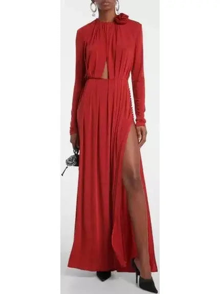 Long Sleeve Jersey Gown in Red - Branna Couture