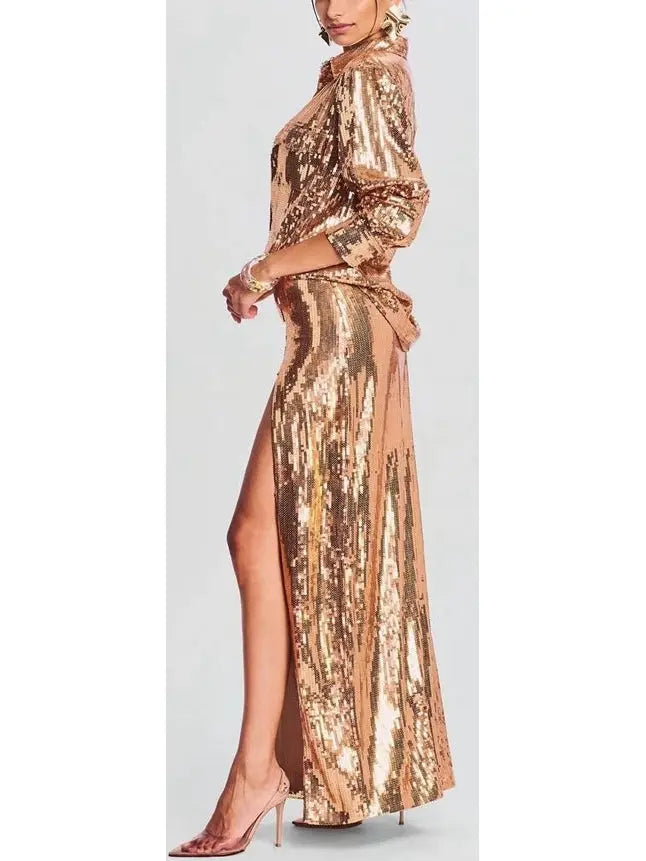 Long-Sleeve Sequin Shirt and Skirt Set in Gold - Branna Couture