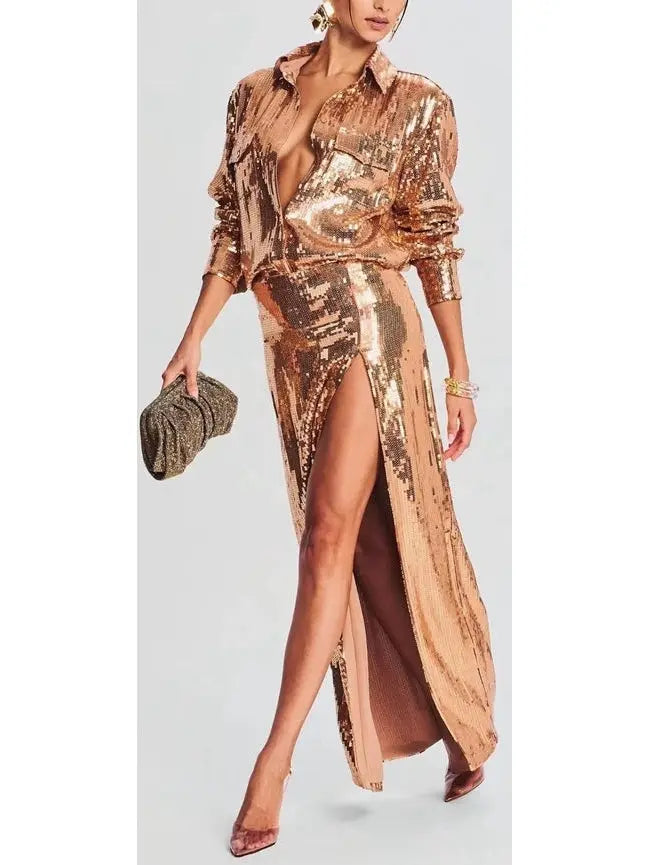 Long-Sleeve Sequin Shirt and Skirt Set in Gold - Branna Couture