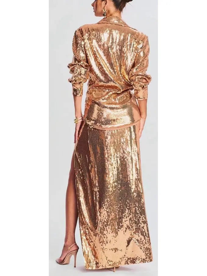 Long-Sleeve Sequin Shirt and Skirt Set in Gold - Branna Couture