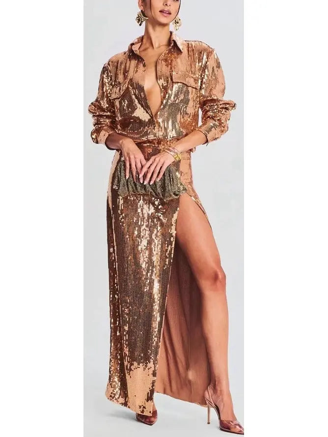 Long-Sleeve Sequin Shirt and Skirt Set in Gold - Branna Couture