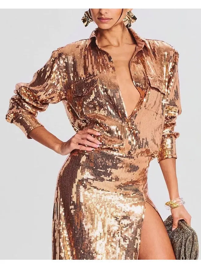 Long-Sleeve Sequin Shirt and Skirt Set in Gold - Branna Couture