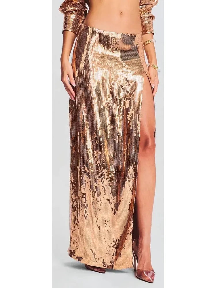 Long-Sleeve Sequin Shirt and Skirt Set in Gold - Branna Couture