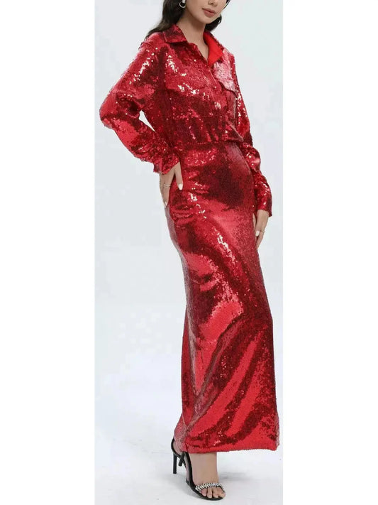 Long-Sleeve Sequin Shirt and Skirt Set in Red - Branna Couture