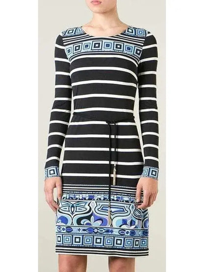 Long-Sleeve Striped Square-Border Dress - Branna Couture