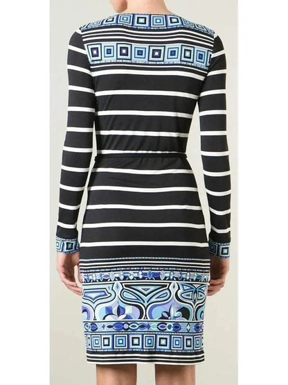 Long-Sleeve Striped Square-Border Dress - Branna Couture