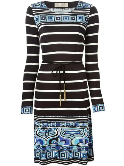 Long-Sleeve Striped Square-Border Dress - Branna Couture