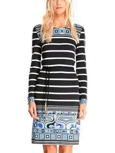 Long-Sleeve Striped Square-Border Dress - Branna Couture