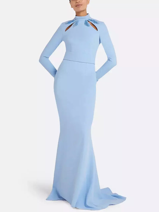 Long-Sleeve Fit and Flare Gown in Light Blue - Dresses