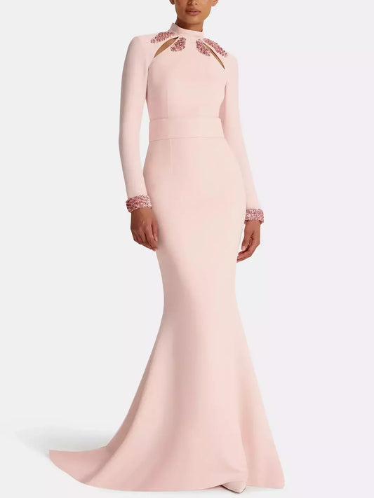 Long-Sleeve Fit and Flare Gown in Pink - S - Dresses