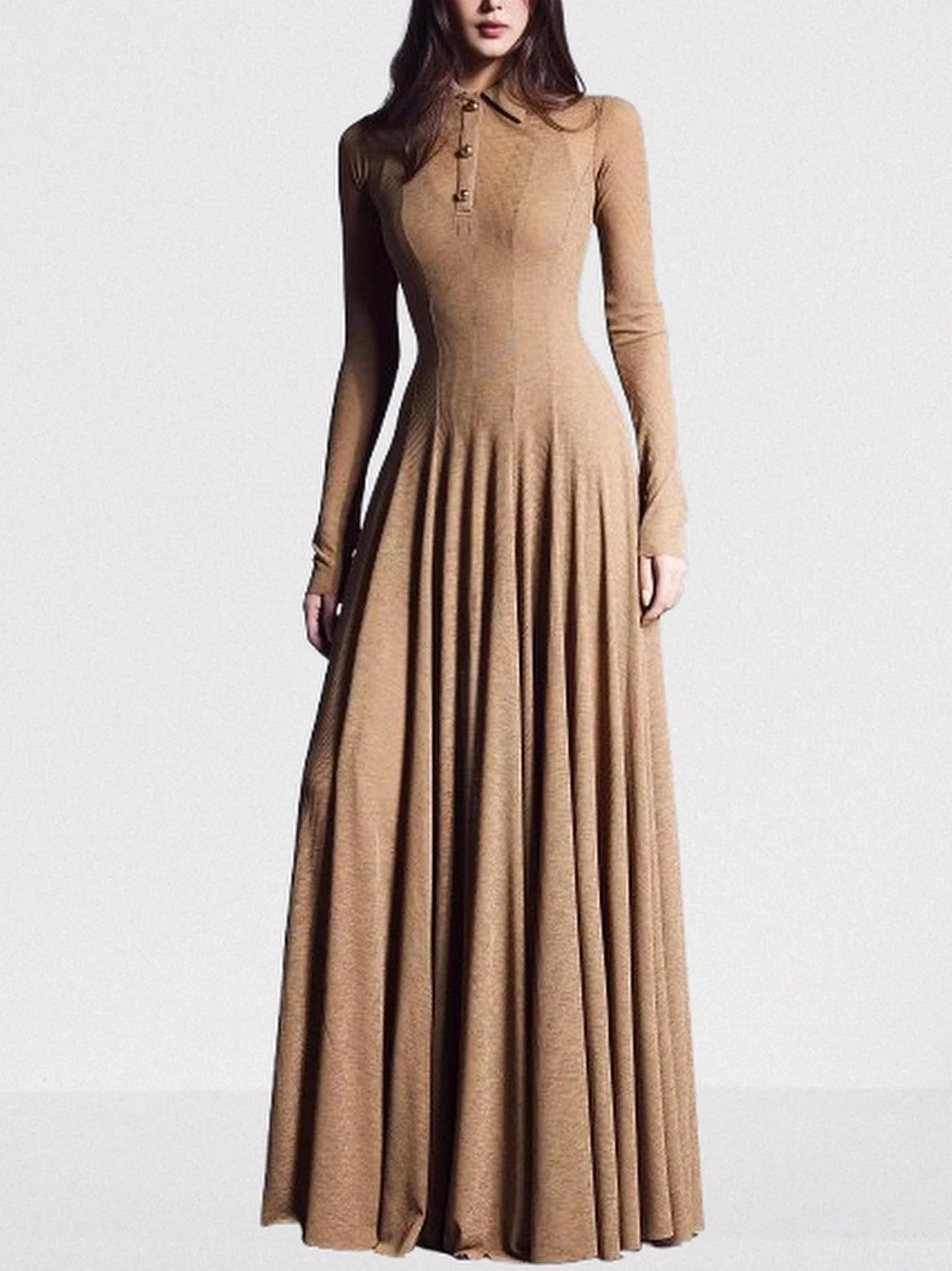 Long Sleeve Knit Polo Collar Maxi Dress S / Camel Dresses