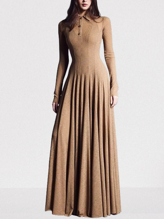 Long Sleeve Knit Polo Collar Maxi Dress S / Camel Dresses
