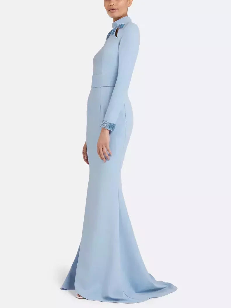 Long-Sleeve Fit and Flare Gown in Light Blue - Dresses