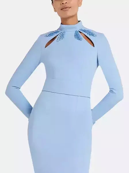 Long-Sleeve Fit and Flare Gown in Light Blue - Dresses