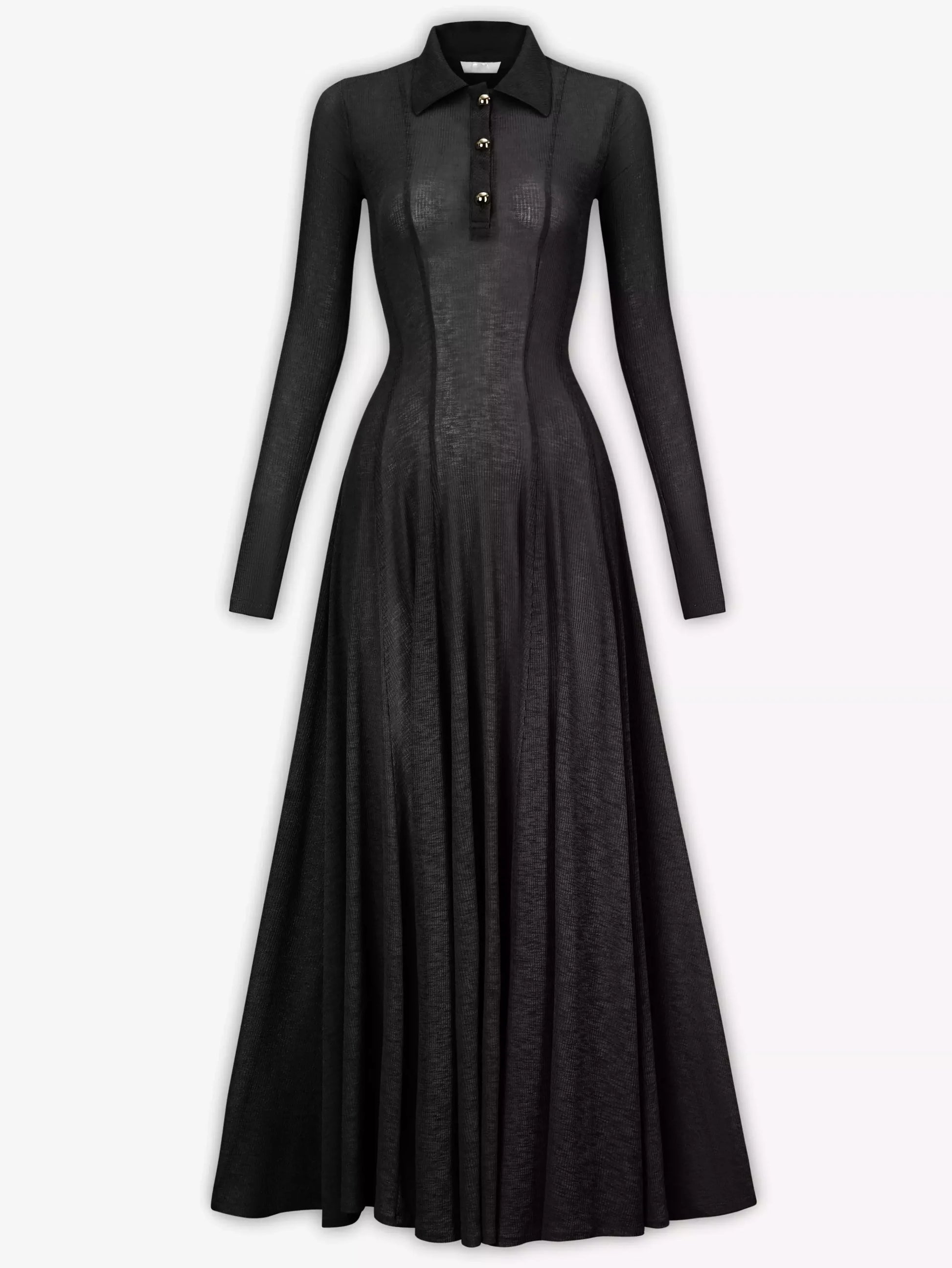 Long Sleeve Knit Polo Collar Maxi Dress S / Black Dresses