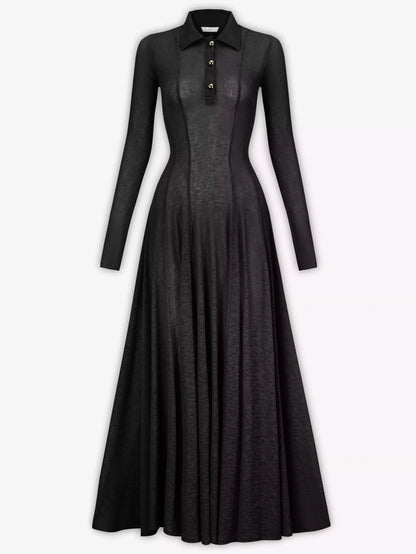 Long Sleeve Knit Polo Collar Maxi Dress S / Black Dresses