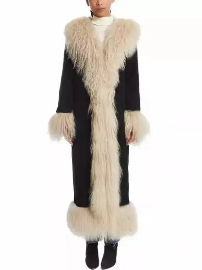 Long Suede Black Coat with Beige Shearling Trim - Branna Couture