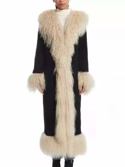 Long Suede Black Coat with Beige Shearling Trim - Branna Couture