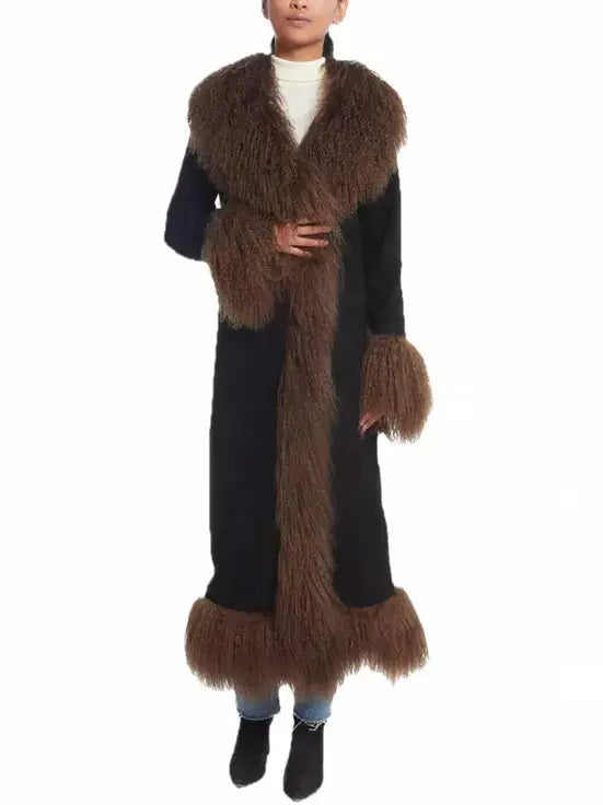 Long Suede Black Coat with Brown Shearling Trim - Branna Couture