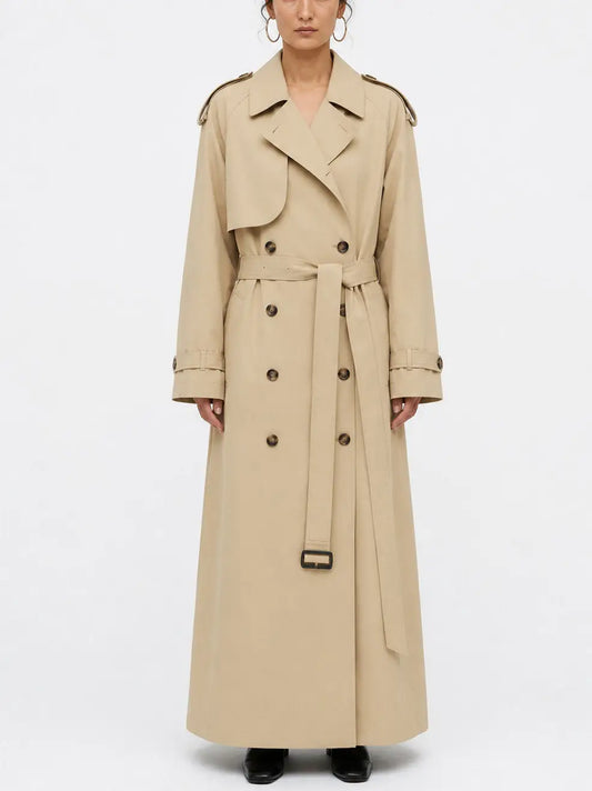 Long Beige Double Breasted Belted Trench Coat - S - Coats