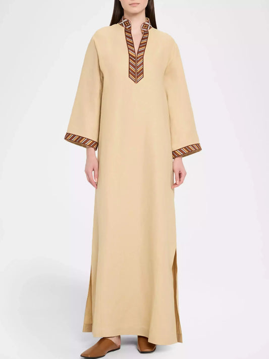 Long Beige Linen Kaftan Dress with Embroidery Small Dresses