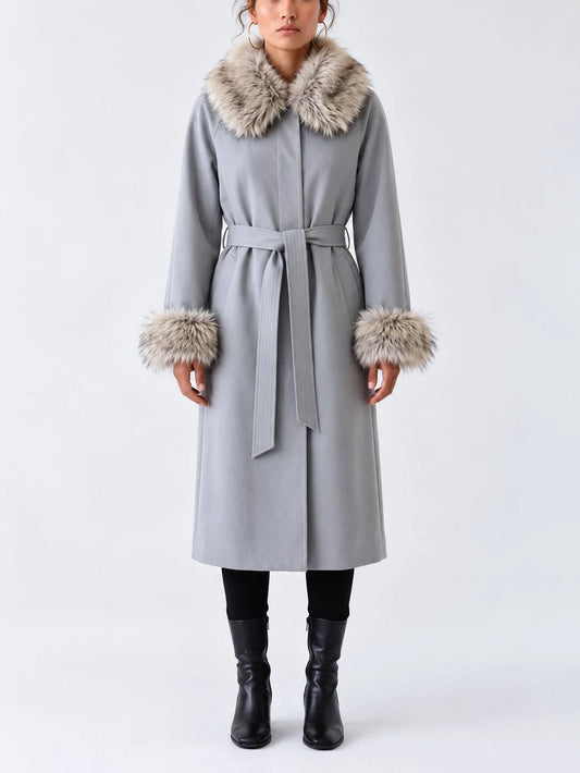 Long Belted Coat with Fur Collar and Cuffs - Small / Light Grey - Coats
