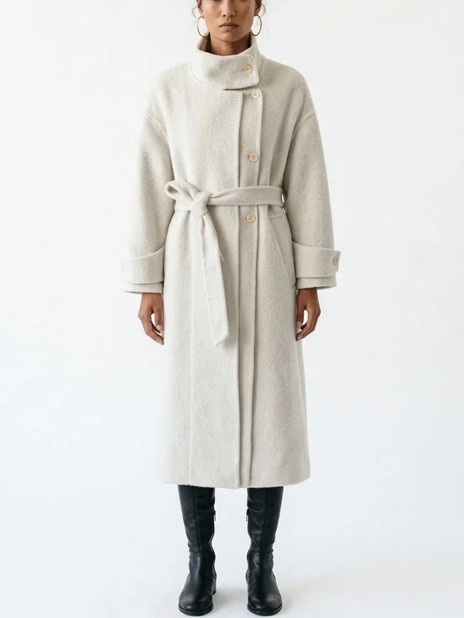 Long Belted Wool Coat with High Collar - Small - Coats