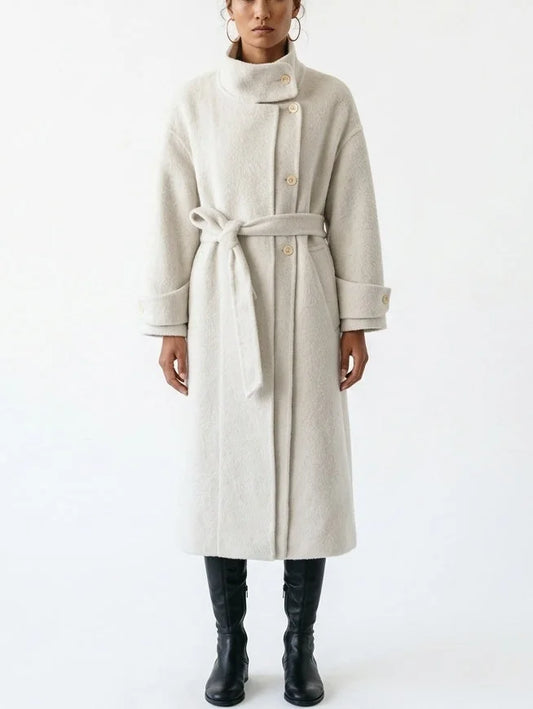 Long Belted Wool Coat with High Collar - Small - Coats