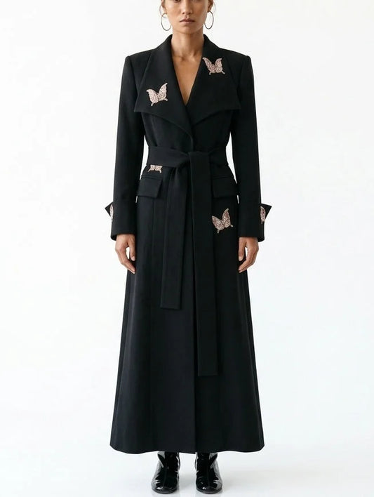 Long Black Butterfly Embellished Trench Coat - S - Coats