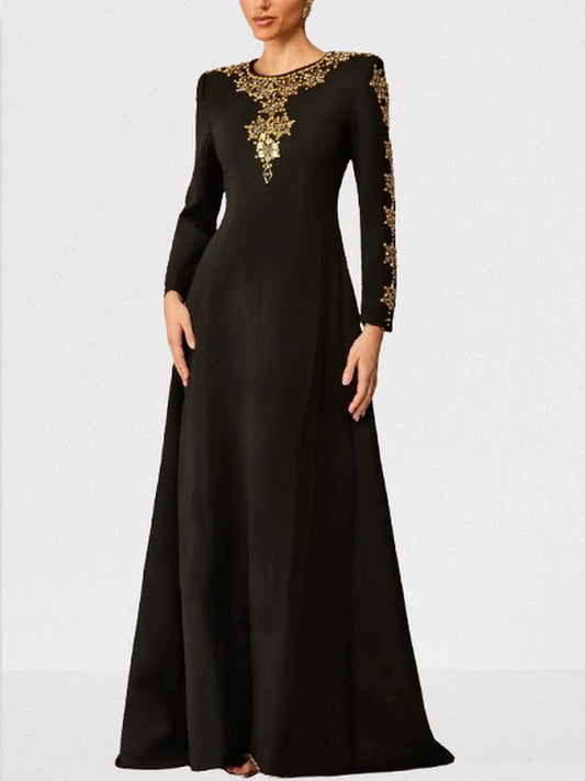 Long Black Gown with Beads and Rhinestones S Dresses
