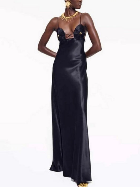 Long Black Satin Gown with Sculptured Bra Cups - Small - Dresses