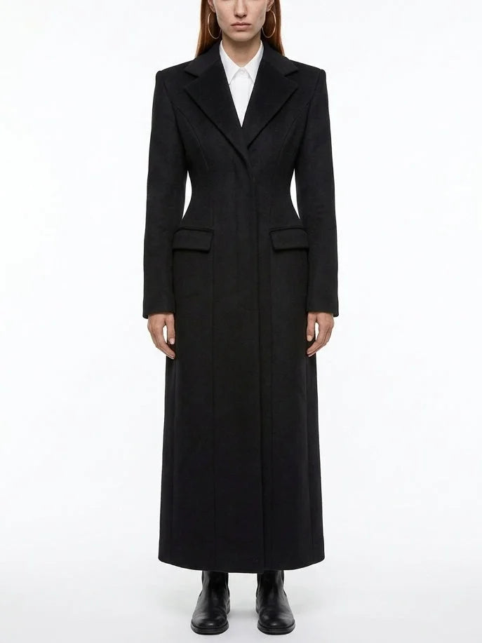 Long Black Sculpted Wool Blend Coat - Small - Coats