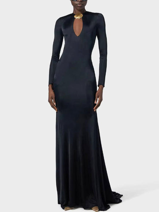 Long Black Stretch Jersey Gown with Gold Sea Shell Embellishment
