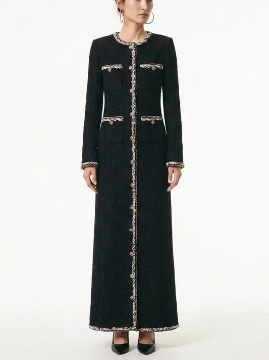 Long Black Tweed Coat with Braided Trim - S - Coats