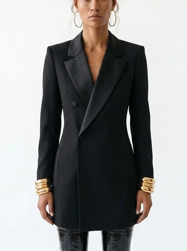 Long Black Wool Blend Double-Breasted Blazer - Small - Jackets