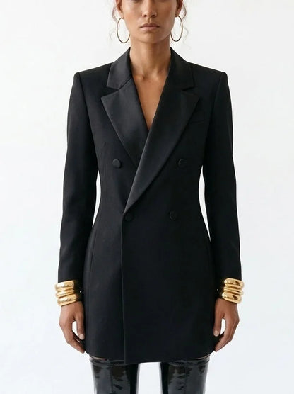 Long Black Wool Blend Double-Breasted Blazer - Small - Jackets