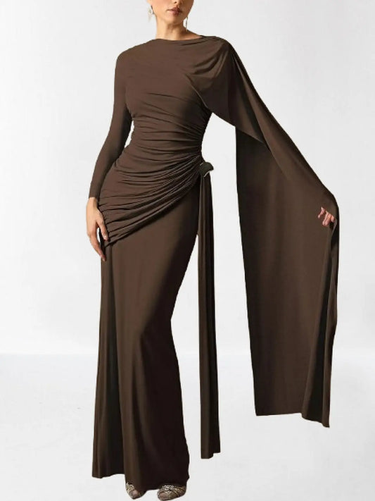 Long Cape-Sleeve Stretch Maxi Dress - S / Brown - Dresses