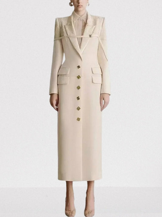Long Cream Blazer Coat with Decorative Buttons S Coats