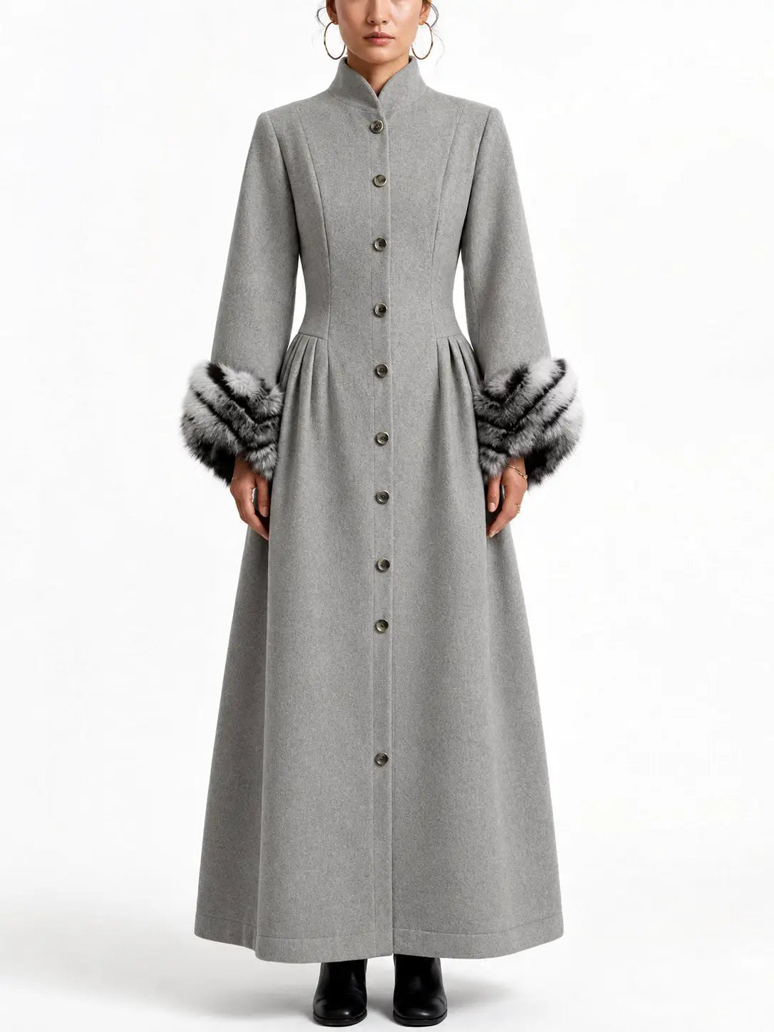 Long Gray Victorian Style Coat with Faux Fur Cuffs - S - Coats