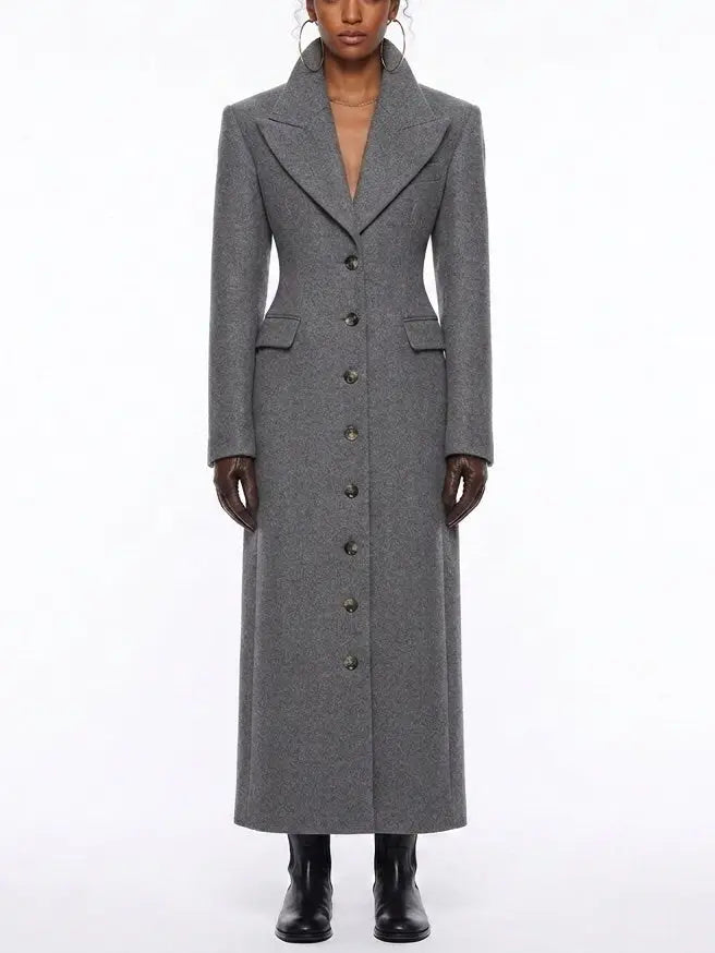 Long Grey Wool Coat with Notched Lapels - Small - Coats
