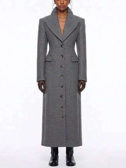 Long Grey Wool Coat with Notched Lapels - Small - Coats