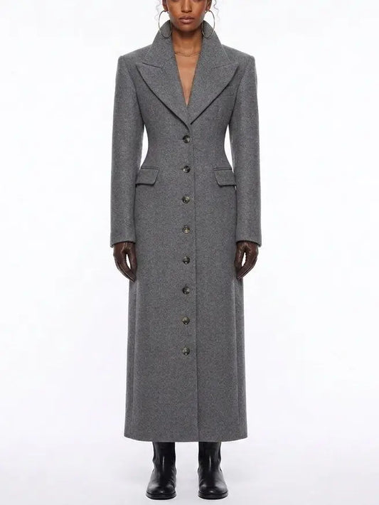 Long Grey Wool Coat with Notched Lapels - Small - Coats
