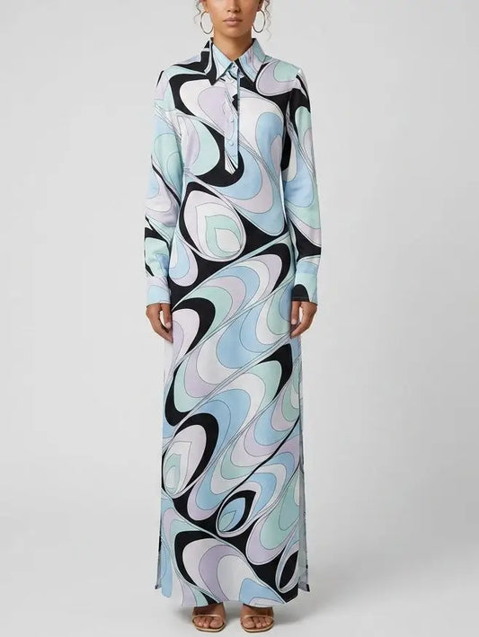 Long Jersey Silk Abstract Print Shirt Dress - S - Dresses