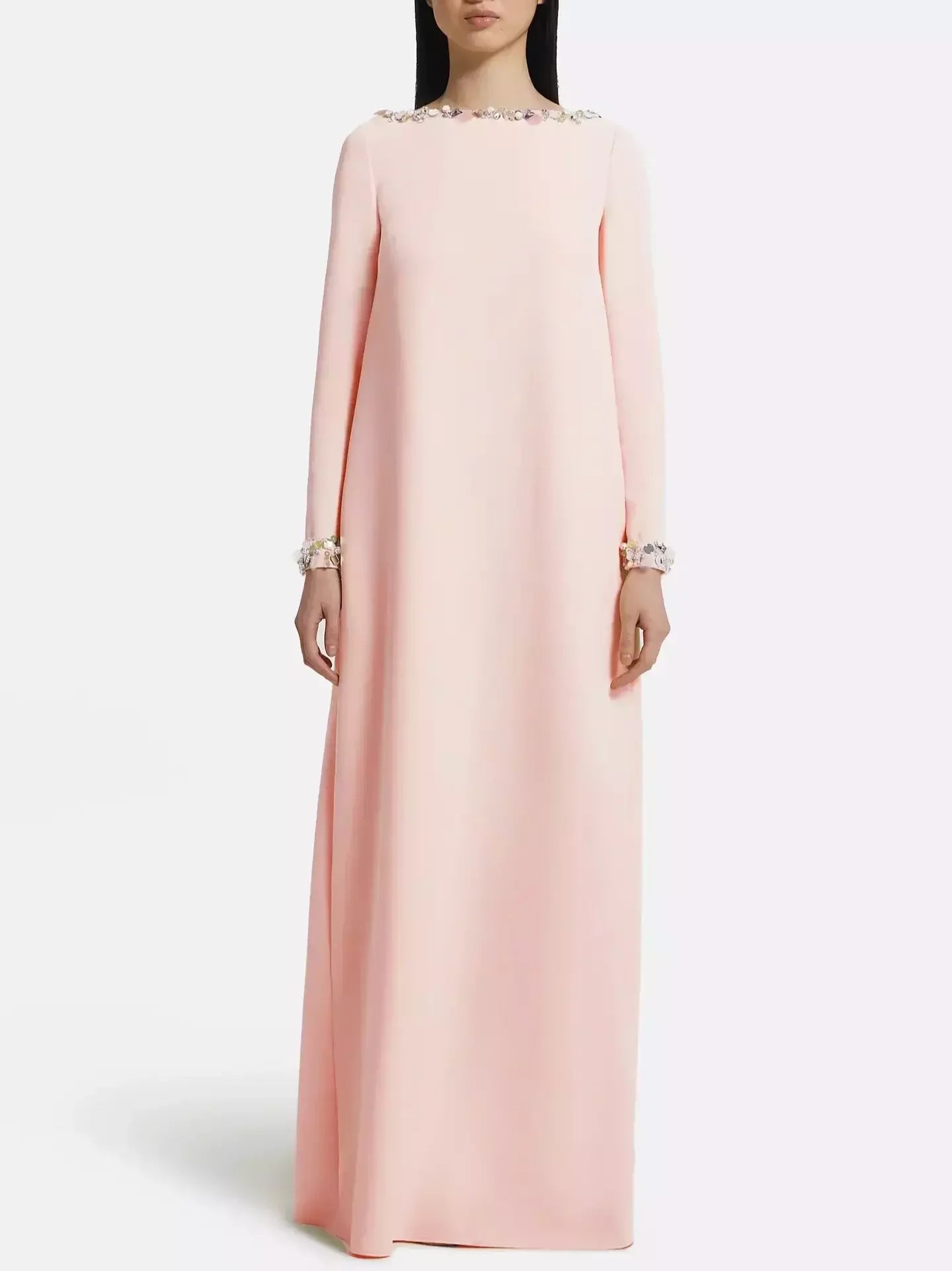 Long Loose Gown with Beading Details - S / Pale Pink - Dresses