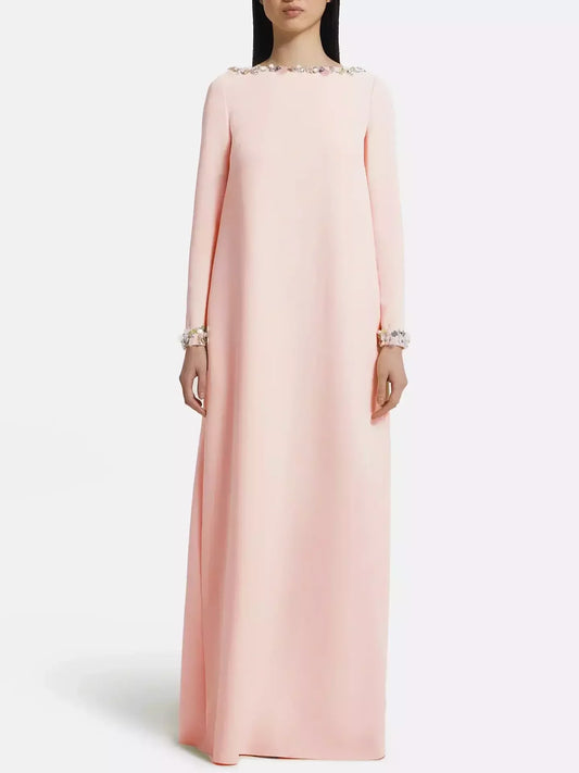 Long Loose Gown with Beading Details - S / Pale Pink - Dresses