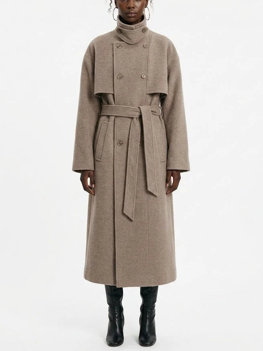 Long Oatmeal Double Breasted Wool Blend Coat - Small - Coats