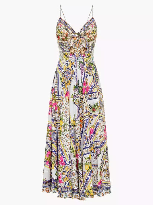 Long Printed Silk Dress with Front Tie - S - Dresses