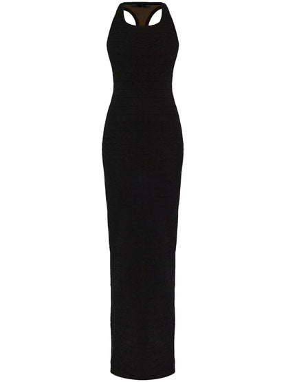 Long Racerback Crocodile Embossed Tank Dress in Black