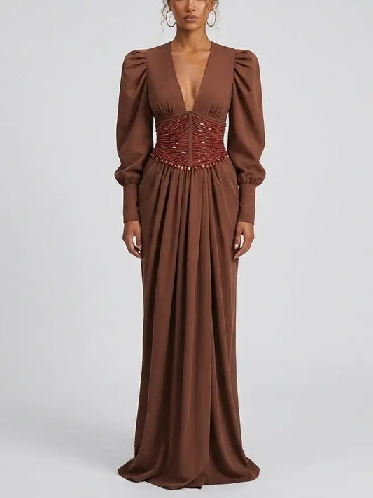 Long Sleeve Maxi Dress with Beaded Waist Belt - Small - Dresses
